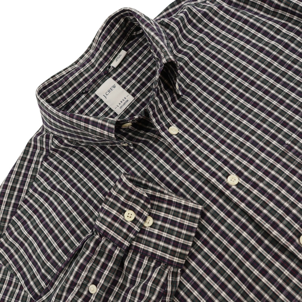 J.Crew Mens Large Plaid Button Down Shirt Navy Green Red Cotton Long Sleeve